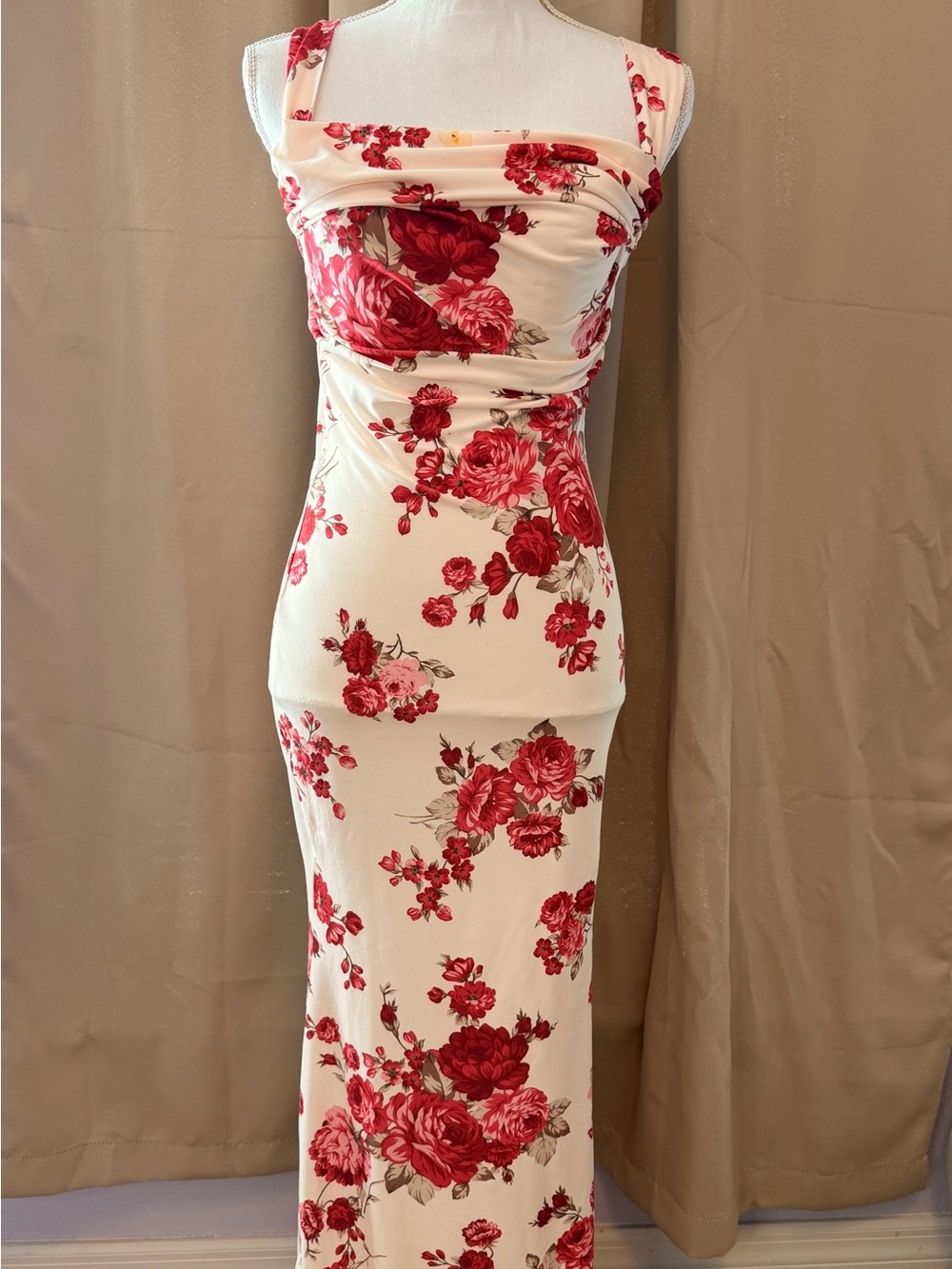 SHEIN Cream Maxi Dress with Red Floral Print